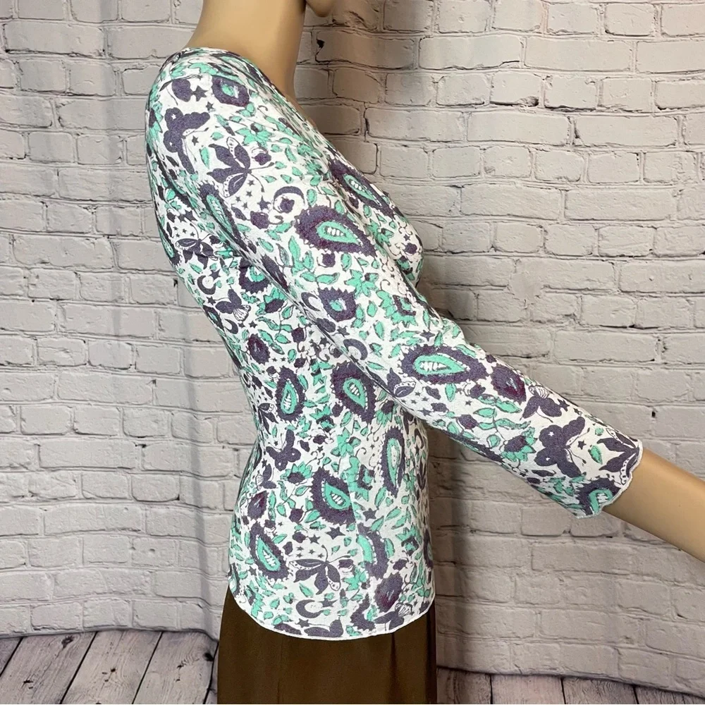 New Free People Paisley Rayon Split V-Neck 3/4 Sleeve Top Size S